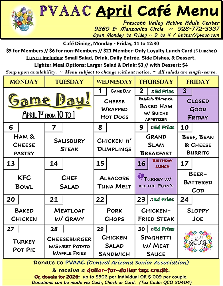 PVAAC April Lunch Menu