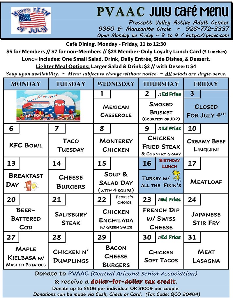 PVAAC July Lunch Menu